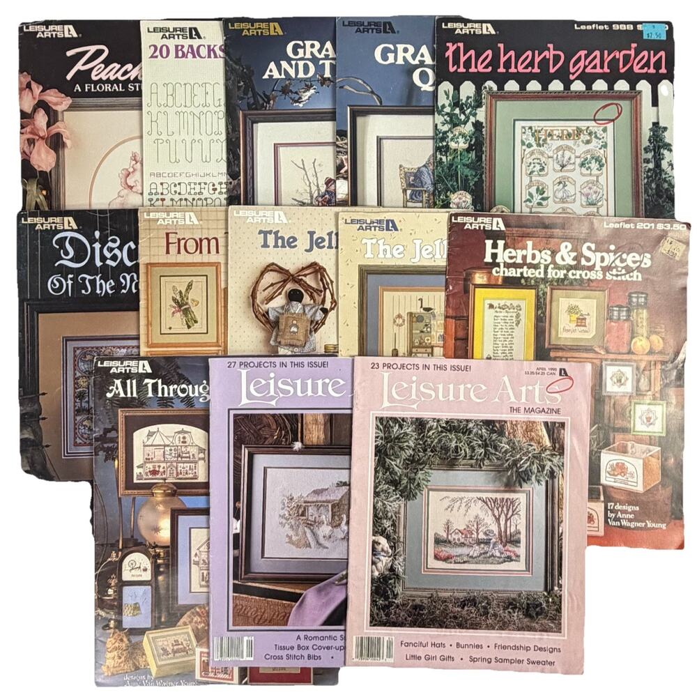 Lot 13 Leisure Arts Cross Stitch Leaflets Magazines Garden Country 100+ Projects